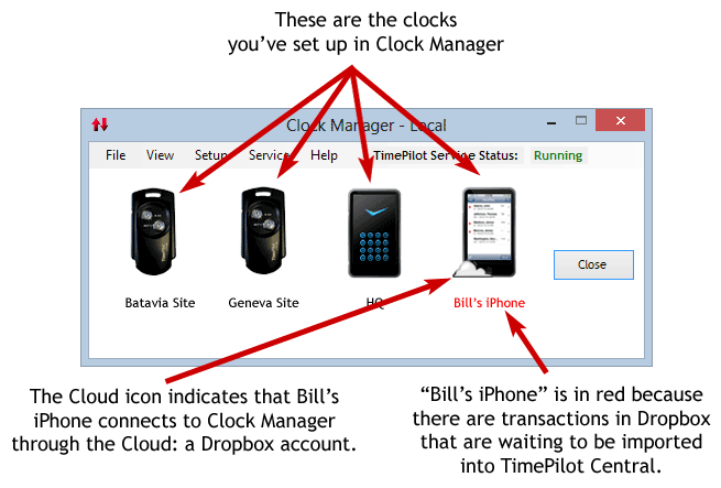 Clock Manager screenshot with local clocks and smartphone linked via Dropbox.