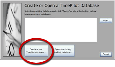 Create or open a TimePilot Database screenshot