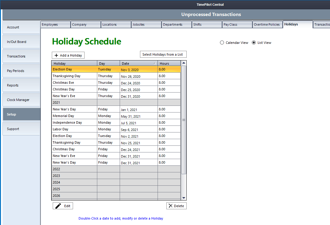 Clicking 'List View' gives you a more condensed version of the holidays you've chosen.