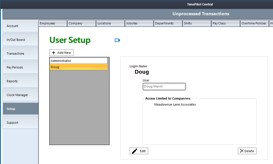 User Setup screenshot.