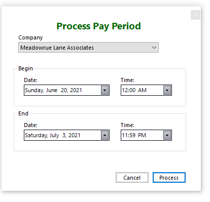You choose the company and the dates when you process a pay period.