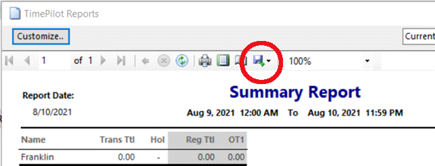 Click the circled icon to export a report in Excel, Word or PDF formats.