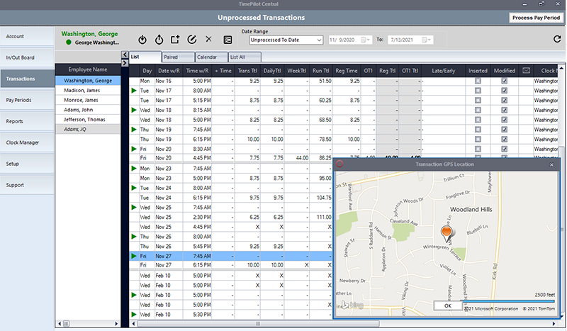 Click an employee's transaction in the TimePilot management software to see where it occurred.