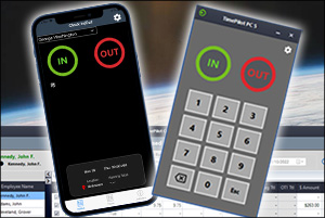 TimePilot 5: Cloud Edition includes free TimePilot smartphone apps (left) for out-of-the-office employees and free TimePilot PC (right) for office and workshop employees.