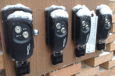 During testing, four Extreme Blue clocks endure an early-winter snowfall. All four are still running flawlessly.