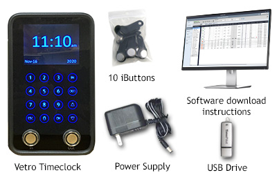 Vetro box contents: time clock, 10 iButtons, USB drive, power supply, software download instructions and mounting template.