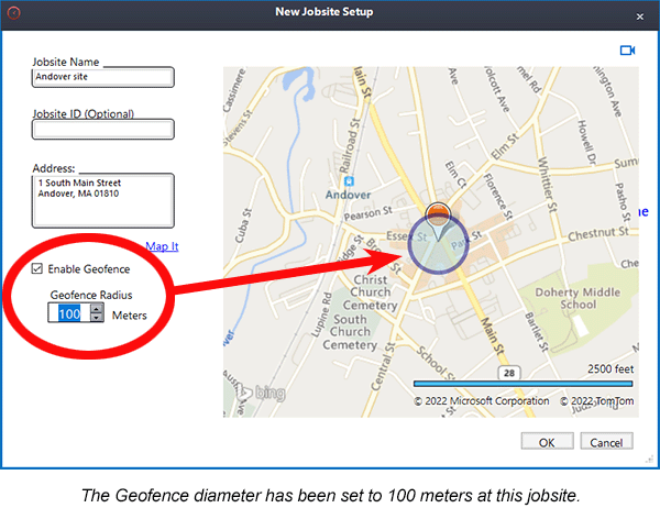 The Geofence diameter has been set at 100 meters at this jobsite.