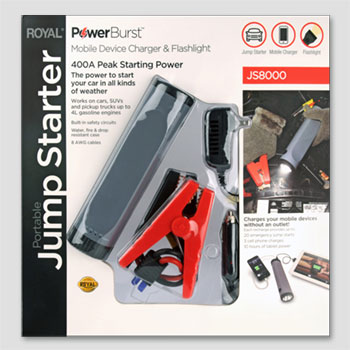 The Royal PowerBurst jump starter can start your car or charge your phone.