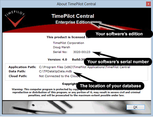 The TimePilot software's 'About' screen gives lot of details about your software.